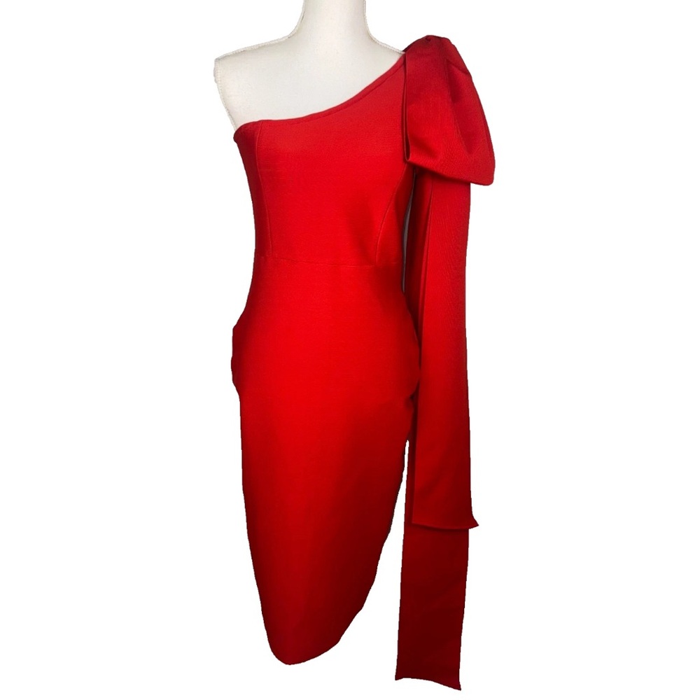 Red Bow Bandage Dress L/XL Zipper One Sleeve Valentines Holiday Elegant Party